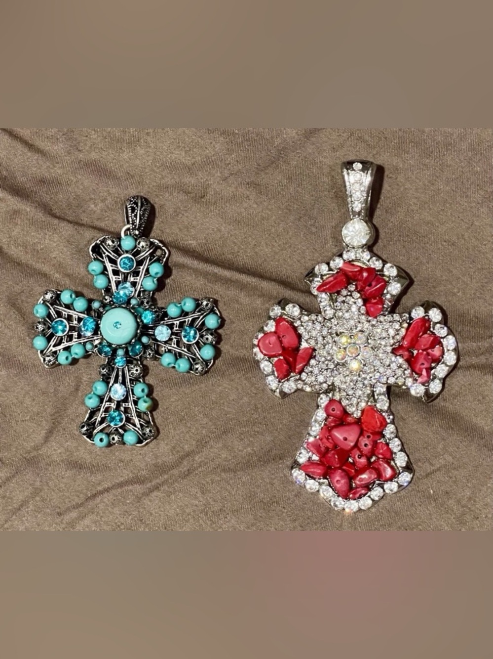 Elegant Silver, Red and Turquoise Cross Pendant Set